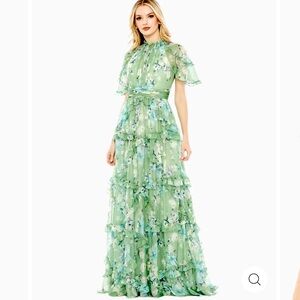 Mac Duggal floral print chiffon cascading ruffle raglan gown
